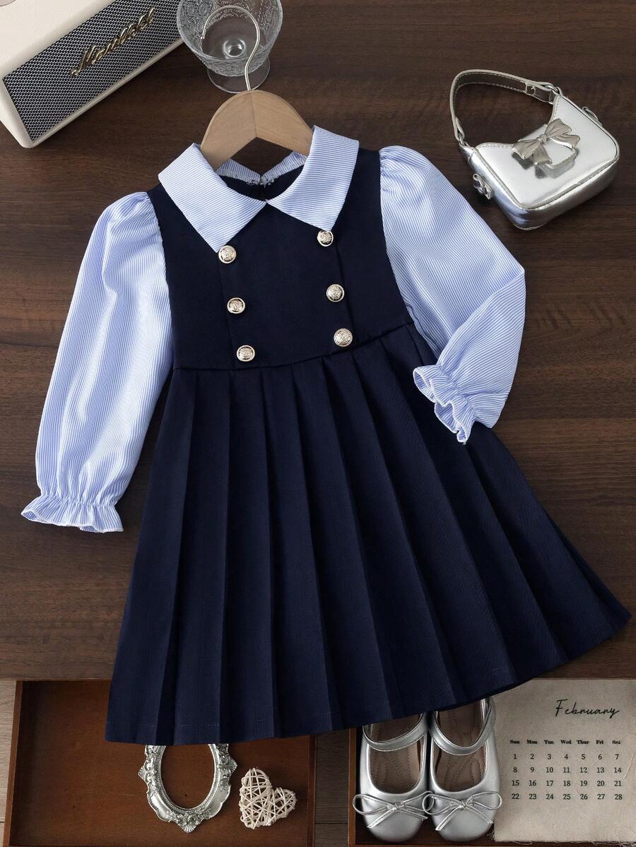 BASUSARRI Young Girls Dress With Collar, Buttons, Striped Patchwork, Pleated Hem, Preppy Style, Fashionable Elegant, Campus School Uniform, Simple And Stylish