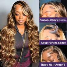 P4/27 Highlight, pelucas de cabello humano ondulado de 34 pulgadas para mujer, peluca frontal de encaje transparente HD 13x4, pre-arrancada, color rubio miel degradado, pelucas de cabello virgen brasileño con baby hair, densidad del 200%. - destacado427 - Ver 3