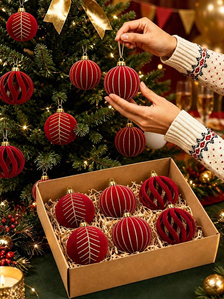6pcs Burgundy Christmas Tree Hanging Ornaments, Merry Christmas Decorations, Glitter Gold Pattern Burgundy Christmas Ball Decor, Christmas Ball, Christmas Hanging Ornaments, Home Christmas Decor, Christmas Decoration, Christmas Holiday Decor, Christmas Gift, Christmas Tree Decoration, Christmas Party Supplies