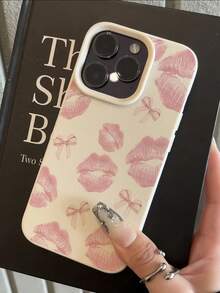 1pc White Matte Minimalist Lens Protection Pink Lips & Bow Pattern Phone Case, Personalized Compatible With Iphone 16 Pro Max/17/16/15/14 Plus/13/12/11/Air And Series - Multicolor - View 4
