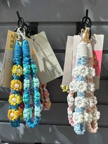 1pc Handmade Woven Daisy Flower Crossbody Handbag With Phone Chain Lanyard Cotton Rope Keychain - Multicolor - View 4
