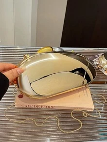 女款晚宴手拿包，純色硬殼，雙色金屬扣，可拆卸鏈條肩帶，時尚便攜硬殼手提包，適合婚禮、派對、舞會 - 香檳色 - 查看 7