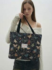 Large Capacity Zipper Shoulder Tote Bag, Colorful Butterfly Print, Suitable For Office, School, Commute Or Casual Daily Use - Multicolor - View 5
