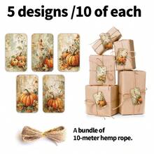 50pcs Thanksgiving Day Fall Gift Tags With Hemp Rope, Vintage Autumn Pumpkin Paper Gift Tags, Holiday Harvest Hanging Labels For Gift Wraapping, Candy Bag & Party Favor Decorations - Multicolor - View 4
