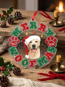 客製化狗狗照片聖誕飾品 寵物姓名壓克力樹掛飾 Merry Woofmas 狗媽媽禮物 - 彩色 - 查看 7
