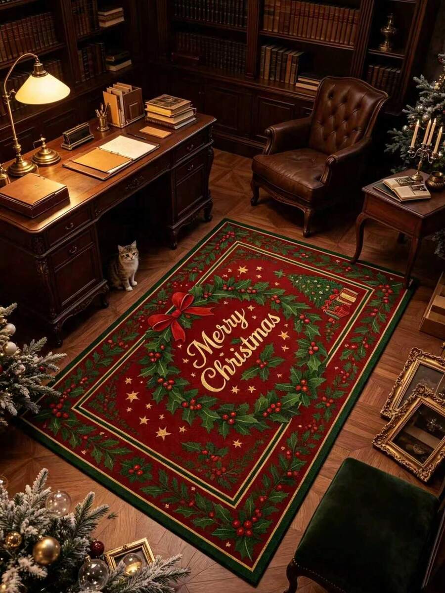 1pc Christmas Theme Green Leaf Wreath Rug, Thickened Rug, Thick Rug, Plush Rug, Autumn/Winter Rug, Thickened Rug, Living Room Rug, Rug, Living Room Area Rug, Area Small Rug, Mat, Home Decor, Large Living Room Rug, Round Rug, Living Room Home Decor, Room Decor, Washable Rug - Multicolor - View 1