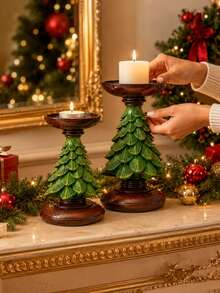 1pc Christmas Tree Candle Holder, Resin Holiday Candle Stand, Vintage Green & Brown Christmas Tabletop Decor, Suitable For Mantel, Fireplace, Dining Table, Living Room, Christmas Home Decoration, 2 Sizes - Multiple Styles - View 8