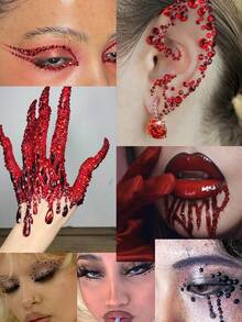 2PCS Black + Red Large & Small Round Rhinestone Face Gems, Self-Adhesive Rhinestone Stickers For Halloween Makeup, Party Gift, Reusable Glitter Decorative Face Jewels - Multicolor - View 2