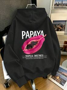 Plus-Size Women's Casual And Versatile Tropical Papaya Print Hoodie, Featuring Drawstring And Pockets, Perfect For Everyday Wear In Autumn And Winter. - Black - View 1