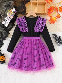 4-7 Years Old Girls Halloween Purple Bat Long Sleeve Dress, Sweet Cool Style Ruffle Collar Bow Princess Dress, Autumn Ribbed Long Sleeve Top With Bat & Star Print Purple Mesh Tutu Skirt - Purple - View 3