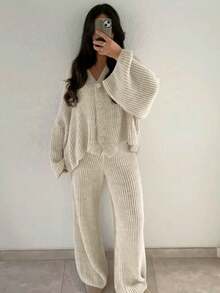 2pcs Women's Casual Knit Cardigan Sweater And Flare Pants Set, Slightly Stretchy, Warm And Comfortable, Autumn Fall - Apricot - View 1