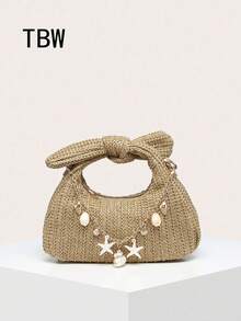 1pc Women's Straw Handbag With Bowknot Wrist Decoration, Shell And Starfish Accents, Suitable For Shopping, Outings And Beach Vacation - Khaki - View 1