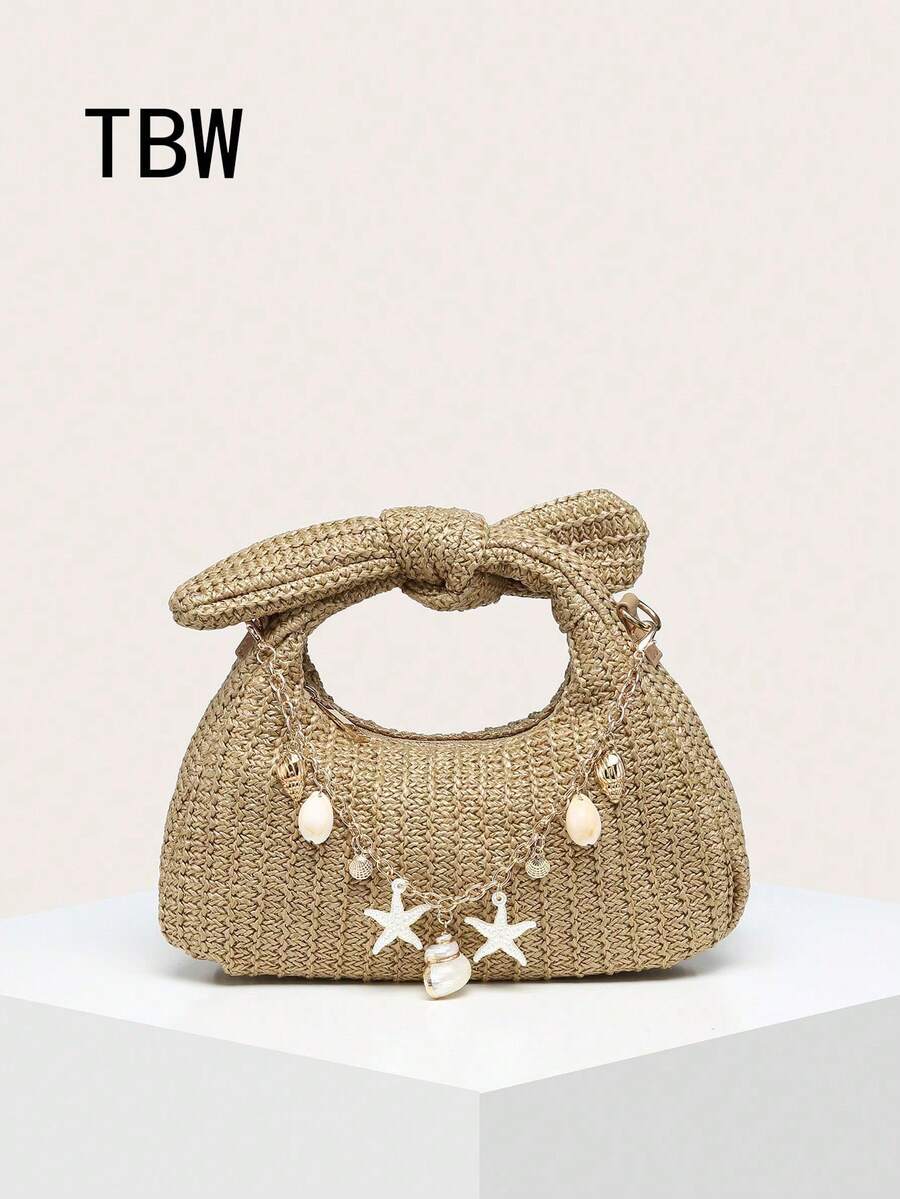 1pc Women's Straw Handbag With Bowknot Wrist Decoration, Shell And Starfish Accents, Suitable For Shopping, Outings And Beach Vacation - Khaki - View 1