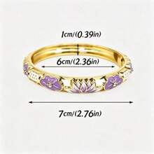 5pcs Chinese Cloisonné Lotus Bracelet Set, Gold-Plated Hollow Enamel Floral Snap Bracelets With Rhinestones, Vintage Soft Water Lily Layered Wrist Jewelry, Suitable For Women And Girls Daily Wear, Party Wear, Gift - Multicolor - View 8