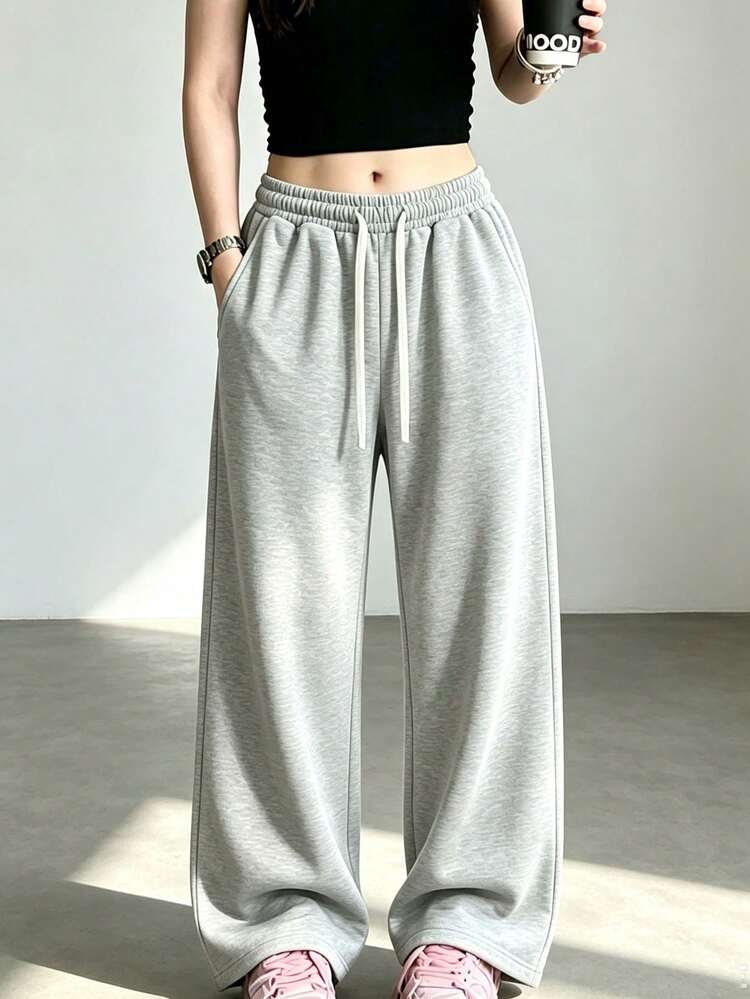 Women's High Waist Wide Leg Drawstring Casual Loose Joggers - Light Grey - View 4