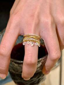 1pc Multi-Layer Fashion Gold Plated Ring Set With Zirconia Crystal Tassel, Adjustable Open Ring, Jewelry For Wedding, Party - Multicolor - View 4