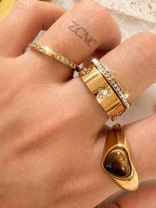 ZCNC Vintage Heart-Shaped Tiger Eye Stone & Four-Leaf Clover Crystal Stackable Ring Set, 18K Gold Stainless Steel Rings, Perfect Elegant Christmas Holiday Gift For Girlfriend, Mom, Wife - Gold - View 3