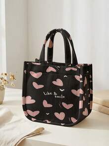 1pc Love Print Corduroy Tote Bag, Snap Button Closure Cute Handbag, Reusable Lunch Tote Bag For Student School Daily Outdoor Shopping Use - Multicolor - View 7