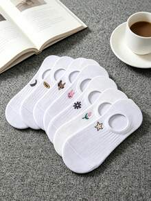 Women Flower & Star Embroidered Breathable Fashion Versatile Invisible Socks For Daily Life - White - View 9