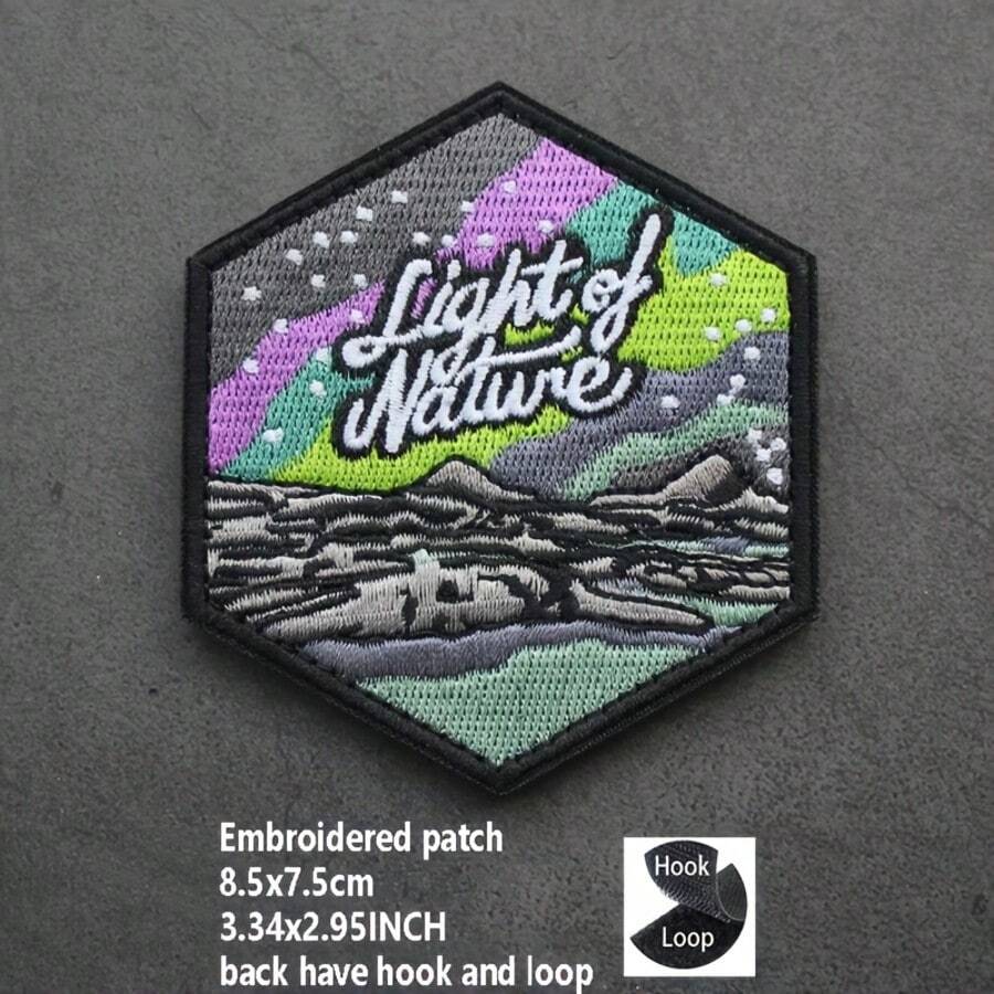 Outdoor Camping Hexagon Embroidered Hook And Loop Patch, Natural Landscape Embroidered Fabric Patch - Natural Light - View 1