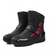 New Men's Professional Motorcycle Boots, Suitable For Racing Training And Combat, Fashionable Motorcycle Shoes, Riding Shoes, With Rotary Buckle, PU Upper Motorcycle Shoes - Black and Red - View 3