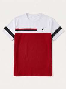 Men's Contrasting Color Short Sleeve T-Shirt, Comfortable & Breathable, Suitable For Summer, Fashionable - Red - View 7