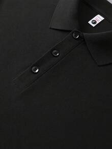 男士純色長袖翻領 Polo 衫，簡約通勤休閒基礎鈕扣上衣 - 黑色 - 查看 5