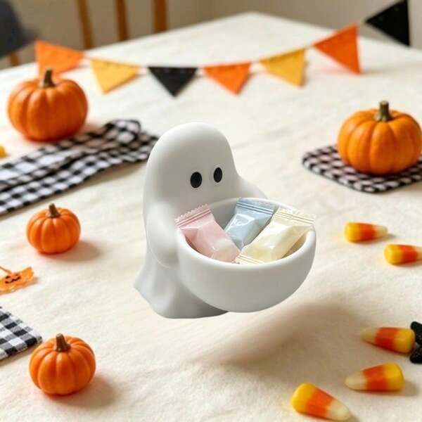2 Peças Suporte de Vela de Fantasma de Cerâmica, Suporte de Vela de Chá de Tigela de Fantasma Branco Fofo, Decoração de Mesa de Halloween, Ornamento de Mesa Assustador para Casa, Presente Ideal de Halloween para Festa, Quarto e Decoração da Sala de Estar
