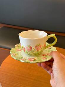 Embossed Underglaze Painted Strawberry Ceramic Cup And Saucer Set, Coffee Cup, Milk Cup, Breakfast Cup, Afternoon Tea Cup, Suitable For Home And Office, Perfect Holiday Birthday Housewarming Gift - Multicolor - View 3