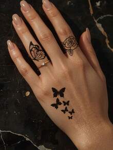 1 Sheet Elegant Black Outline Butterfly Rose Fake Tattoo Sticker, Minimal Floral Insect Temporary Tattoo, Sweat‑Resistant Waterproof Body Decal, Chic Pattern For Fingers Hand, Fashion Body Accessory For Young Ladies - Black - View 2