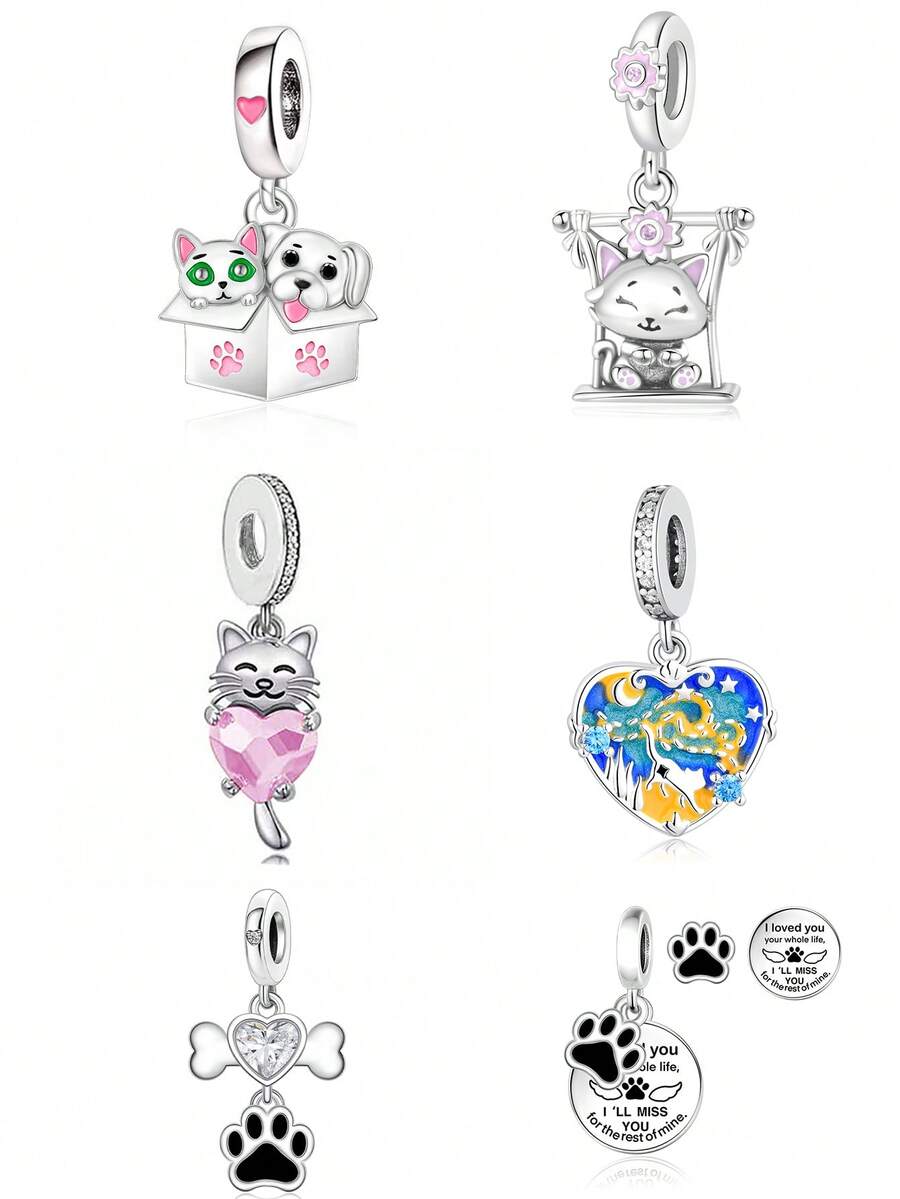 1pc Cute Cat Dog Pet Charm, Starry Sky Design Large Hole Bead ...