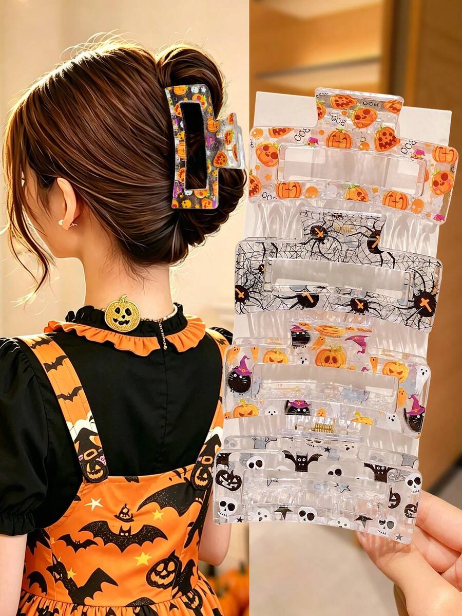 4Pcs Halloween Pumpkin Print Hair Clips, Pumpkin Spider Bat Skull Ghost Pattern Decoration, Party Hair Tie Ponytail Hair Accessory, Can Be Given As Gift And Add Halloween Atmosphere
