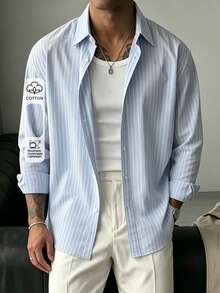 Whitmere Men Cotton Casual Business Commute Striped Long Sleeve Shirt/Daily Casual Business - Baby Blue - View 3