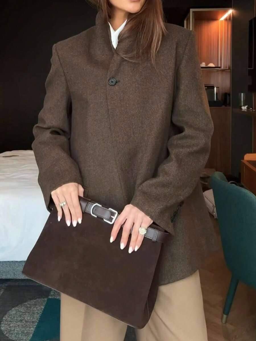 SMILE CHIC Vintage Casual Daily Commute Versatile Single-Button V-Neck Faux Pocket Herringbone Tweed Lined Women's Blazer - Brown - View 1