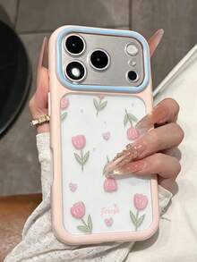 Cute Romantic Tulip Pattern Transparent Hard Shell Phone Case, Compatible With IPhone 18 Pro Max 18 Pro 17 Pro Max 17 Pro 16 Pro Max 16 Pro 15 Pro Max 14 Pro Max 15 16 17, Artistic Fashion Contrast Color Camera Protective Cover, Gift For Women - Pink - View 4