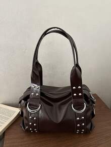 Korean Style Rivet Textured Commuter Work 2026 Large Capacity Hot Girl Motorcycle Handbag Shoulder Underarm Bag - Coffee - View 1