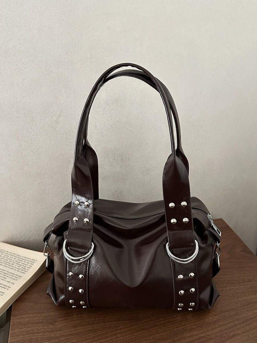 Korean Style Rivet Textured Commuter Work 2026 Large Capacity Hot Girl Motorcycle Handbag Shoulder Underarm Bag - Coffee - View 1