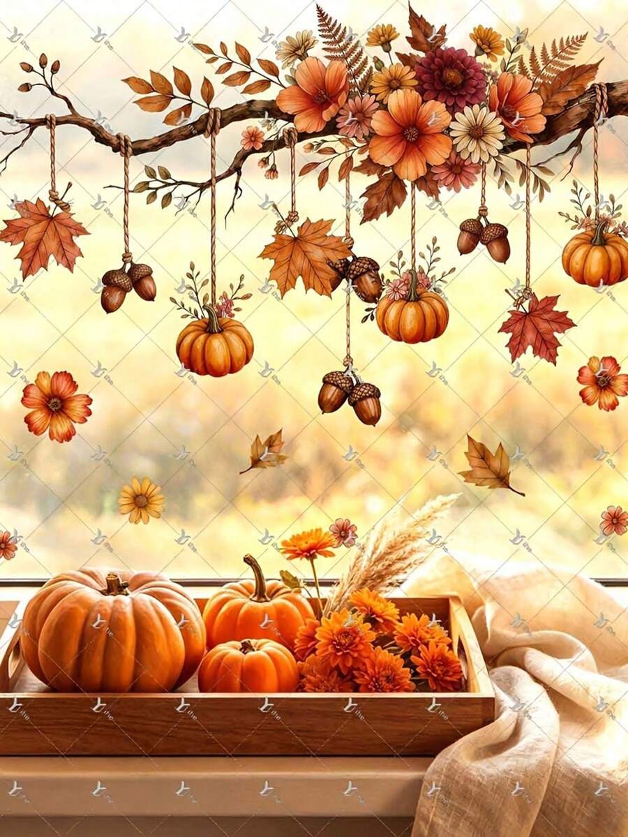 1pc 2D Flat Printed Pumpkin Acorn Flower Autumn Hanging Branch 11.81*17.72 Inch Window Sticker, Creative Self-Adhesive Removable Double-Sided Visible PVC Decorative Sticker - D - View 1