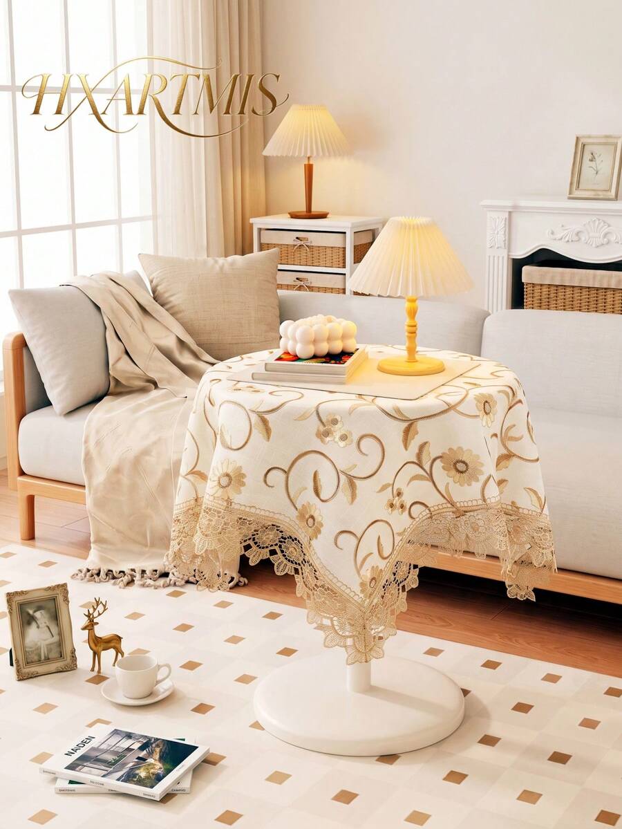 HXARTMIS 1pc Luxury High-End Embroidered Bordered Rectangular Tablecloth, Golden Floral Embroidery Design, Washable, Suitable For Dining Room, Wedding, Party And Daily Home Decor - milk coffee color - View 1