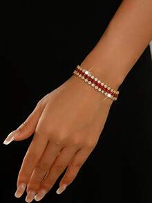 1pc Exquisite Dual-Tone Chain Bracelet, Bridal Wedding Party Jewelry, Suitable For Daily Wear, Banquet, Halloween, Anniversary - Red - View 2