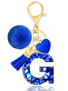 Cute A-Z Initial Keychain With Royal Blue Pom Pom, Heart And Tassel, Minimalist Personalized Key Chain For Women, Bag Charm, Daily Wear Accessory And Gift - Royal Blue - View 16