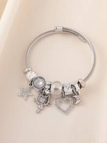 1 buah Gelang Bangle Terbuka DIY Manik-manik Hati Kucing Berlian Imitasi Elegan untuk Wanita, Cocok untuk Pemakaian Sehari-hari dan Pesta - Perak - View 5
