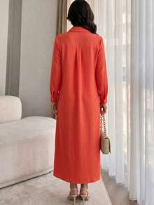 Gaun Kemeja Wanita Berwarna Oranye dengan Tekstur, Kerah, Kancing Depan, Lengan Panjang, Saku Samping, Gaun Kemeja Panjang Longgar untuk Musim Gugur - Burnt Orange - View 3