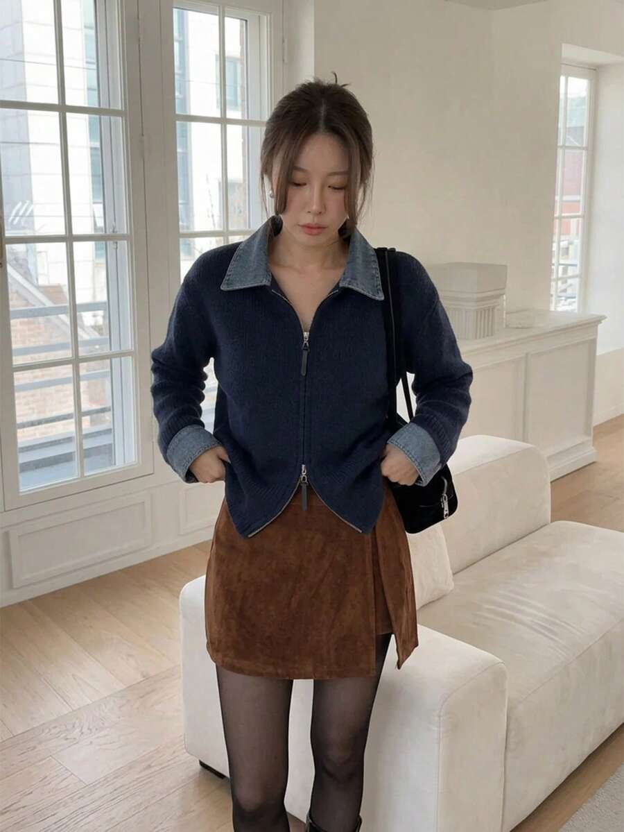 Double Zipper Denim Patchwork Lapel Cardigan - Navy Blue - View 1