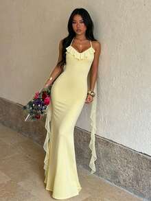 Women's Summer Backless Ruffle Strap Dress, Suitable For Dates, Graduation Season, Gatherings, Parties - Yellow - View 7