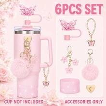 6PCS Butterfly Tumbler Accessories Set For 40oz Cups, Glitter Silicone Boot, Butterfly Straw Topper, Pom Pom Keychain, Flower Charm, Butterfly Pendant Chain & Heart Adhesive Hook, Cute Cup Decor Gift For Women, Cup Not Included - Multicolor - View 1