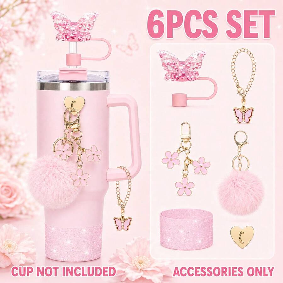6PCS Butterfly Tumbler Accessories Set For 40oz Cups, Glitter Silicone Boot, Butterfly Straw Topper, Pom Pom Keychain, Flower Charm, Butterfly Pendant Chain & Heart Adhesive Hook, Cute Cup Decor Gift For Women, Cup Not Included - Multicolor - View 1