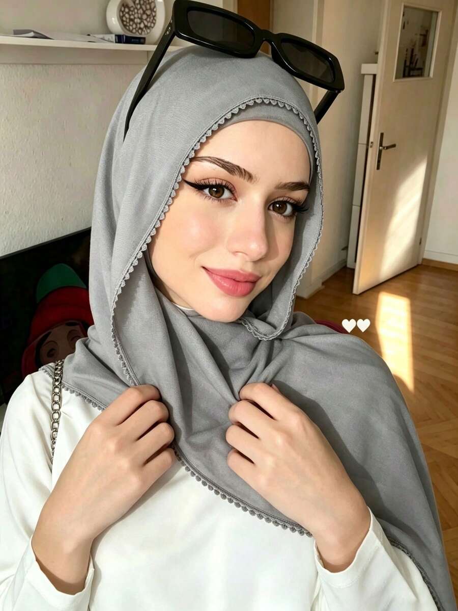 1PC Women's Solid Color Embroidered Heart Lace Long Scarf, Lightweight Versatile Breathable Skin-Friendly Scarf, Fully Hemmed Embroidered Edge, Soft Drape Premium Quality, Suitable For Daily Wear - Dark Gray Chiffon - Heart Lace Style - View 1