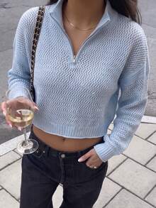 Women's Knit Sweater With Turn-Down Collar, Stand Collar, Multi-Wear Zipper, Minimalist Sporty Solid Color Hollow-Out Sheer Loose Casual Top For Spring, Autumn And Winter - Baby Blue - View 7