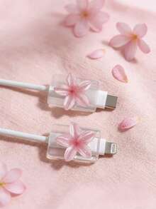 2PCS 3D Cute Plumeria Data Cable Protector, Transparent Crystal Flower Charging Cable Protector Anti-Breakage, Resin Material, No Battery Required, Suitable For Type-C - 2pcs Blue Frangipani - View 3